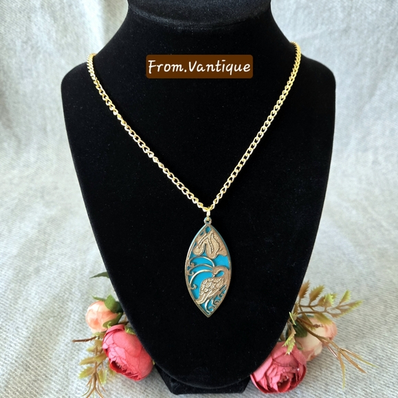 🦚🔵 Vintage Peacock Filigree Silver Necklace ⛓️ - Picture 3 of 4